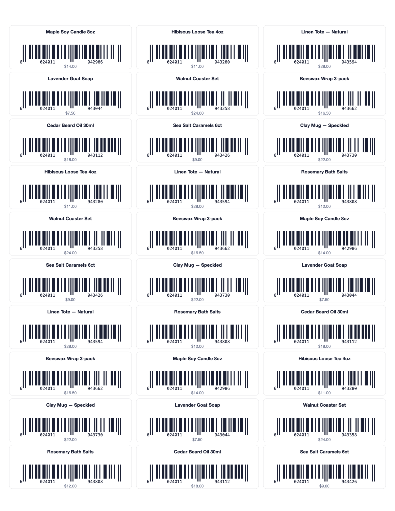 A 30-label sheet of product labels with EAN-13 barcodes, names and prices, generated by ForgeScan
